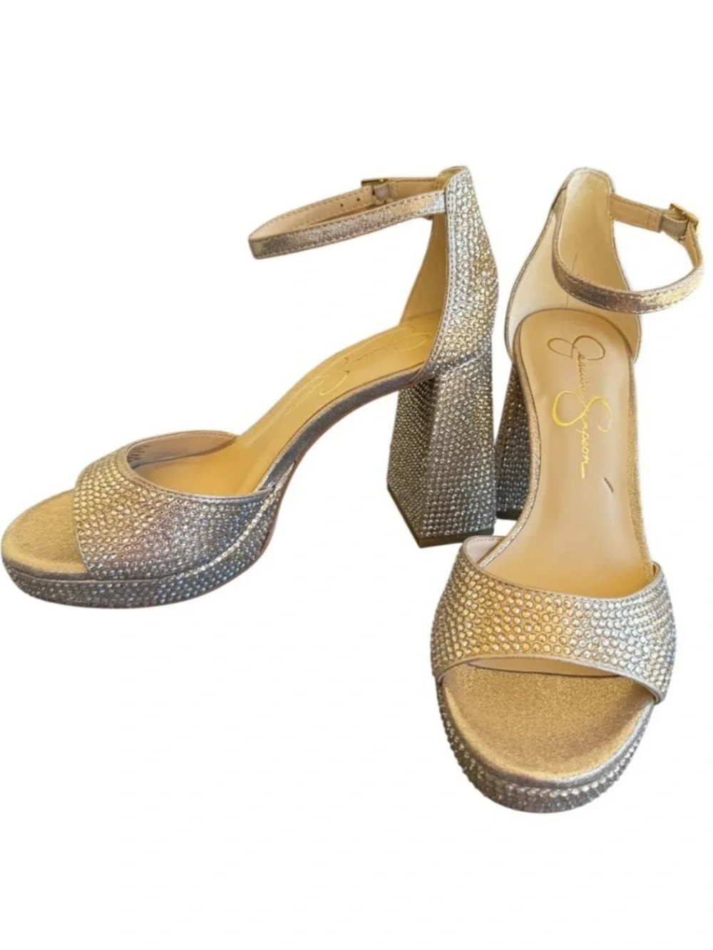 Jessica Simpson Silver Crystal Block Heel Sandals